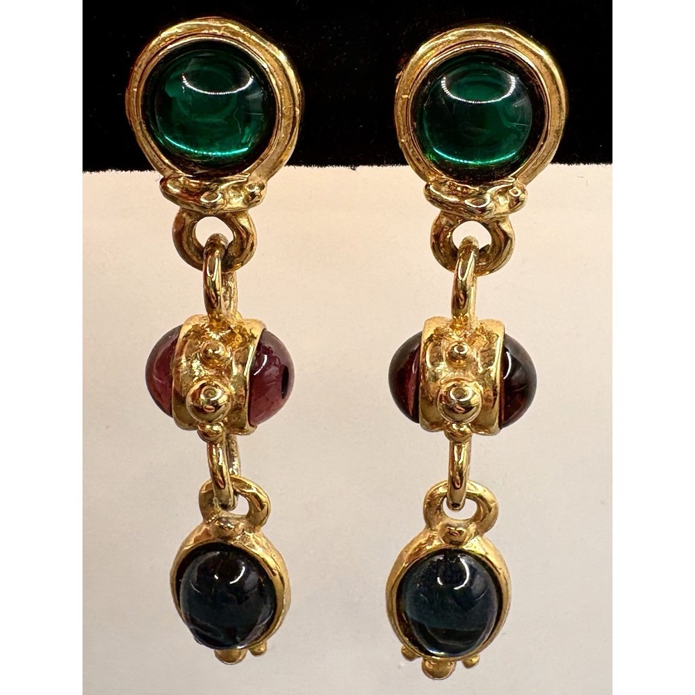 VTG 80s Mogul Clip Dangle Drop Earrings Multicolor Gripoix Style Glass Cabochon